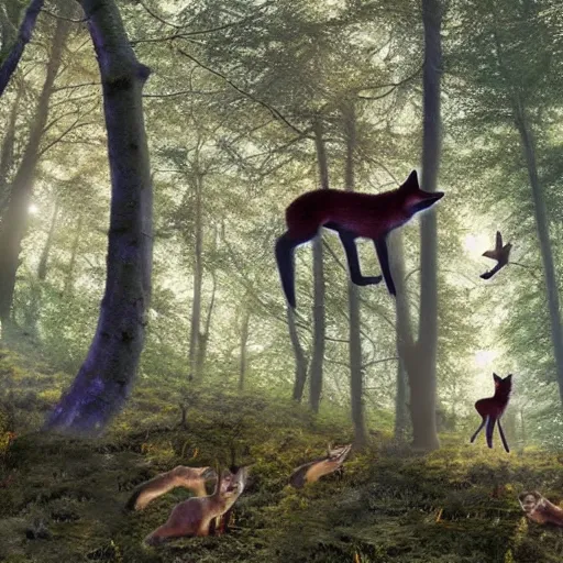 Image similar to an enchanting forest, foxes stand on their hind legs, look at the sky and wave goodbye with their forelegs. there is a purple unidentified flying object in the sky. fantasy. realistic photo. very clear shots.