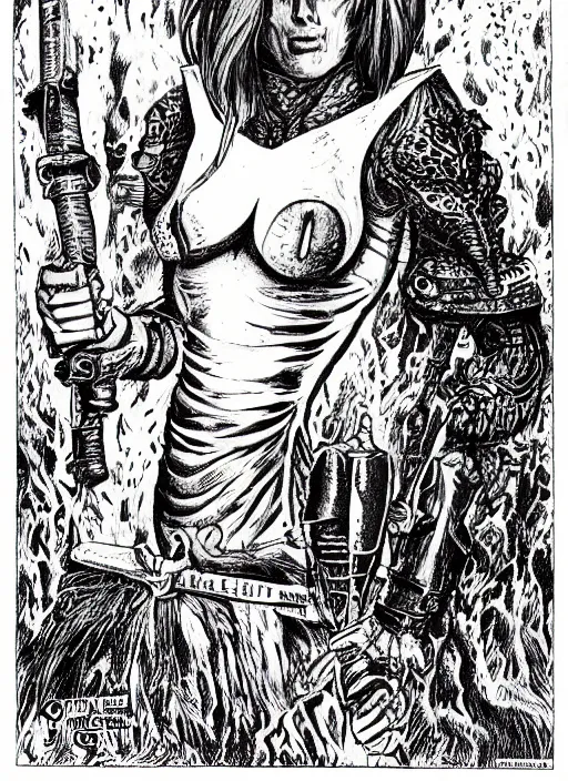 Image similar to dana scully as a D&D monster, full body, pen-and-ink illustration, etching, by Russ Nicholson, DAvid A Trampier, larry elmore, 1981, HQ scan, intricate details, Monster Manula, Fiend Folio
