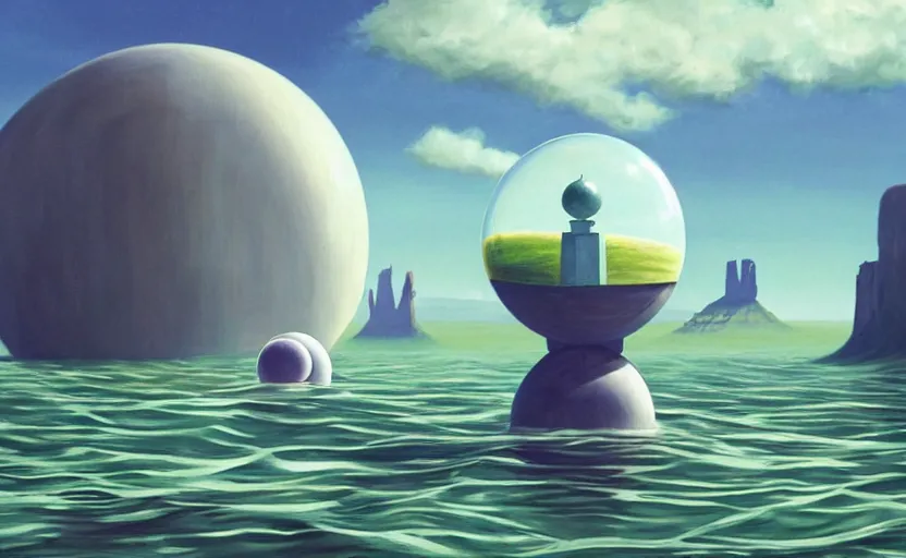 Image similar to a scary hyperrealist painting of a rocketship in a giant transparent forcefield crystal ball from howl's moving castle ( 2 0 0 4 ) in a flooded monument valley stonehenge jungle. depth perception, 4 k, artstation, in the style of studio ghibli