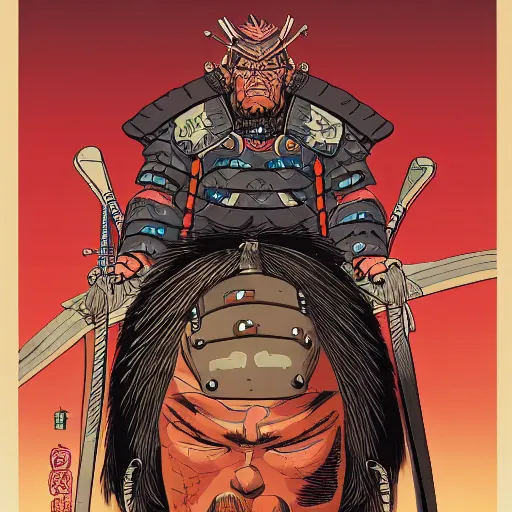 Prompt: a portrait of powerful japanese samurai wearing monster gear, detailed face, face symmetry, character concept portrait by moebius and laurie greasley, profile picture, 8 k, cinematic color grading