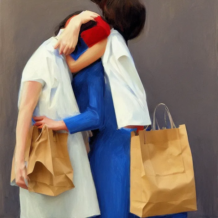 Prompt: two women hugging with a paper bag over the head dressed in plastic bags, highly detailed, artstation, art by, , edward hopper, zdislav beks