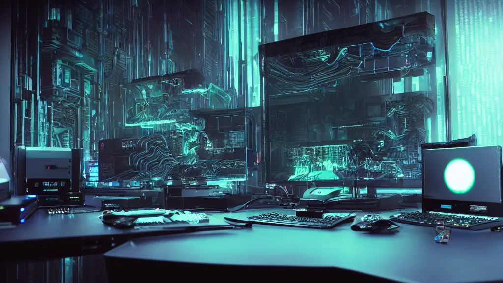 Prompt: a cyberpunk overpowered computer. Overclocking, watercooling, custom computer, cyber, mat black metal, alienware, futuristic design, desktop computer, desk, home office, whole room, minimalist, Beautiful dramatic dark moody tones and lighting, orange neon, Ultra realistic details, cinematic atmosphere, studio lighting, shadows, dark background, dimmed lights, industrial architecture, Octane render, realistic 3D, photorealistic rendering, 8K, 4K, Cyborg R.A.T 7, Republic of Gamer, computer setup, highly detailed