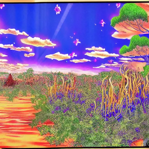 Prompt: a manga drawing of the Australian outback hyperrealistic and psychedelic