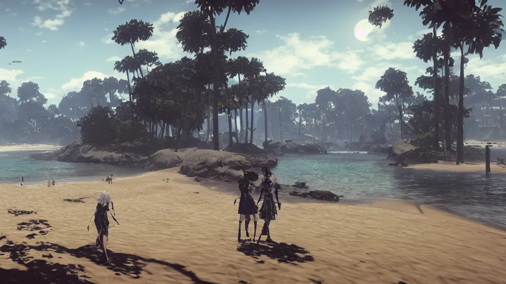 Image similar to Screenshot from Nier Automata, beautiful landscape at a beach