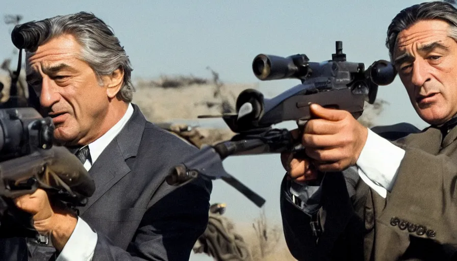 Image similar to Robert De Niro fires M16, movie still, sharp, highly detailed, hollywood movie