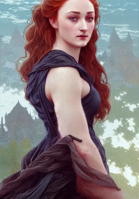 Prompt: sansa stark in sanset, intricate, elegant, highly detailed, digital painting, artstation, concept art, smooth, sharp focus, illustration, art by artgerm and greg rutkowski and alphonse mucha and william - adolphe bouguereau