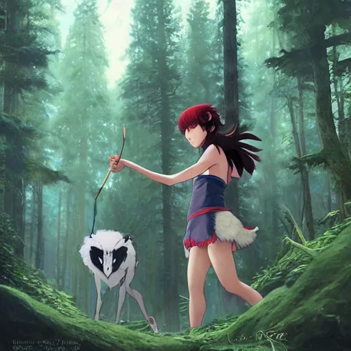 Image similar to realistic princess mononoke by ross draws, forest background by ilya kuvshinov, digital anime art by ross tran, composition by sana takeda, lighting by greg rutkowski