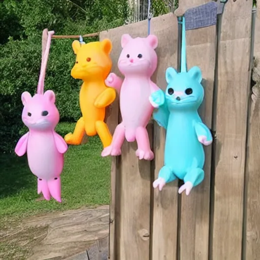 Image similar to some cute plastic toys that look like animal characters hanging laundry in the backyard, pastel colors