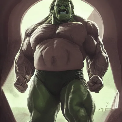 Image similar to [Gérard Depardieu as the Hulk as GTA character, closeup, D&D, intricate, elegant, highly detailed, digital painting, artstation, concept art, matte, sharp focus, illustration, art by Artgerm and Greg Rutkowski and Alphonse Mucha and Enki Bilal]