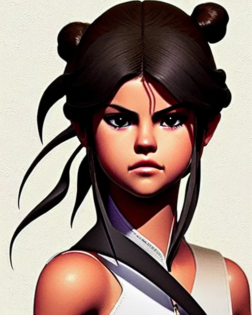 Image similar to selena gomez as an azctec warrior, detailed perfect face, exquisite details, fire magic, mid view, design on a white background, by studio muti, greg rutkowski makoto shinkai takashi takeuchi studio ghibli