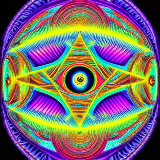 Prompt: an all seeing eye surrounded by a colorful pattern, digital art by Alex Grey, behance, psychedelic art, psychedelic, hypnotic, fractalism