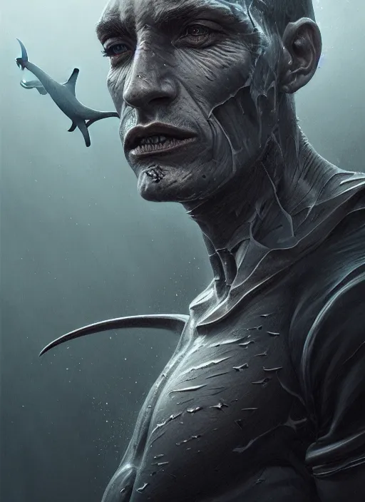 Prompt: hyper detailed ultra sharp photorealistic portrait of a shark man, somber gothic aesthetic, masterpiece, elite, illustration, art by melissa houpert, felix englund, greg rutkowski, organic matte painting, bleak color palette, hard edges, smooth, artstation trending 8 k