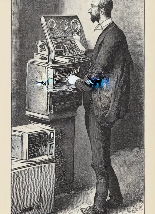 Prompt: 19th century wood-engraving of a computer capable of drawing pictures, a man stand in front of it looking confused, whole page illustration from Jules Verne book, art by Édouard Riou Jules Férat and Henri de Montaut, frontal portrait, high quality, beautiful, highly detailed, removed watermarks