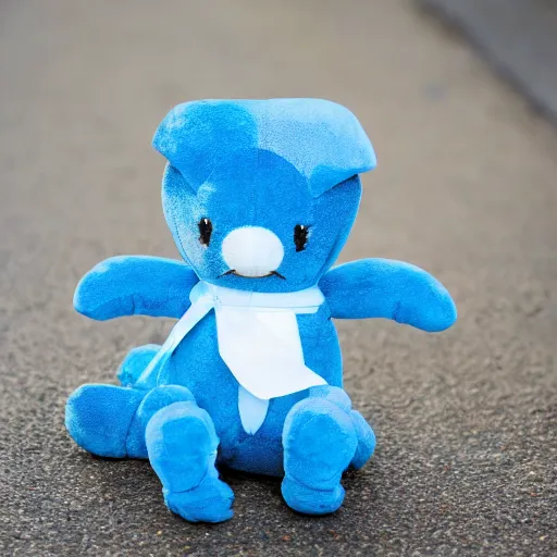 Image similar to blue'snappy gifts'plush doll, on sidewalk, gifts, happy atmosphere, high detail, soft lighting, 8 k