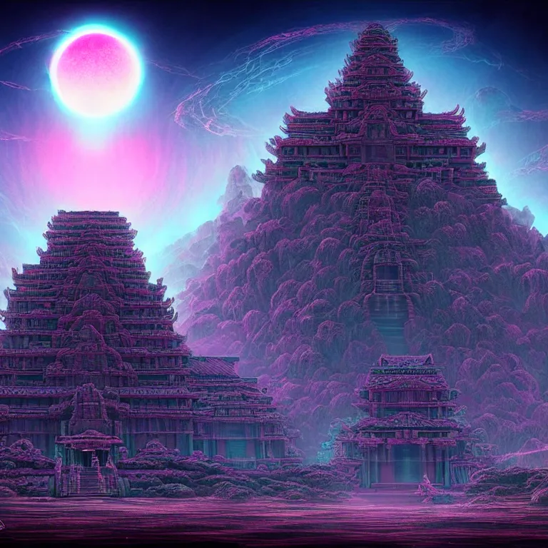 Image similar to mysterious ancient dieties hovering over magical temple, infinite quantum waves, synthwave, highly detailed by ernst steiner