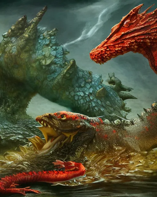 Image similar to Godzilla-like beautiful giant kaiju sized pond dragon half fish half salamander, wet amphibious skin, red salamander, axolotl creature, koi pond, korean village by Ruan Jia and Gil Elvgren, fullbody