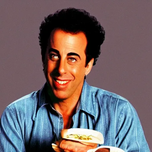 Image similar to jerry seinfeld holding a fork and knife with kramer's head on a plate. realistic photo