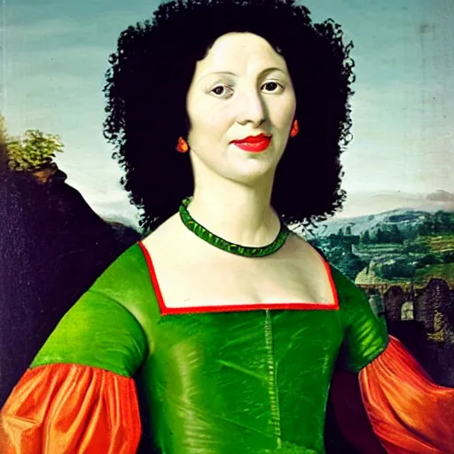 Image similar to young woman from the year 1 5 0 0, seated in front of a landscape background, her black hair is curly, she wears a dark green dress pleated in the front with yellow sleeves, puts her right hand on her left hand, and smiles slightly, oil painting