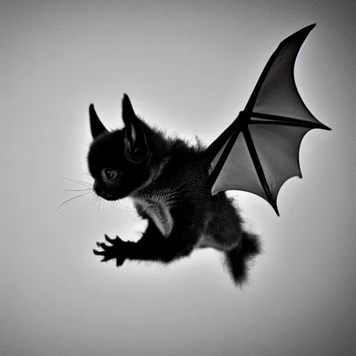 Prompt: a bat kitten, in flight, Nikon, telephhoto