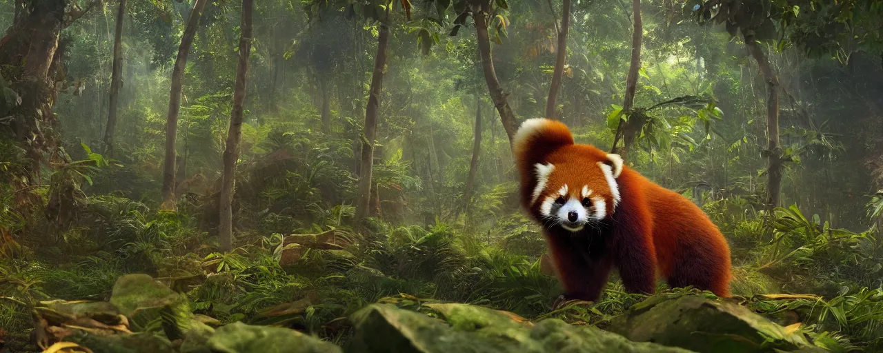 Prompt: an cute Red Panda standing in the jungle, beautiful dynamic lighting, cinematic, wide angle establishing shot, extremely high detail, photo realistic, cinematic lighting, post processed, concept art, artstation, matte painting, style by frederic church, raphael lacoste, unreal engine 8k