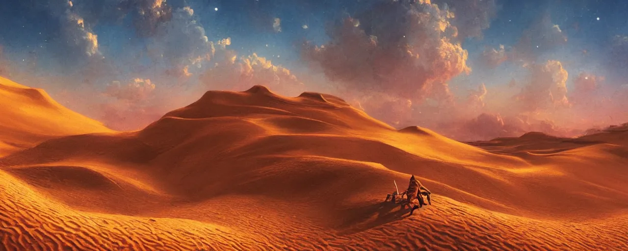 Image similar to ” endless sand dunes, [ art by paul lehr, cinematic, detailed, epic, widescreen, opening, establishing, mattepainting, photorealistic, realistic textures, octane render ] ”