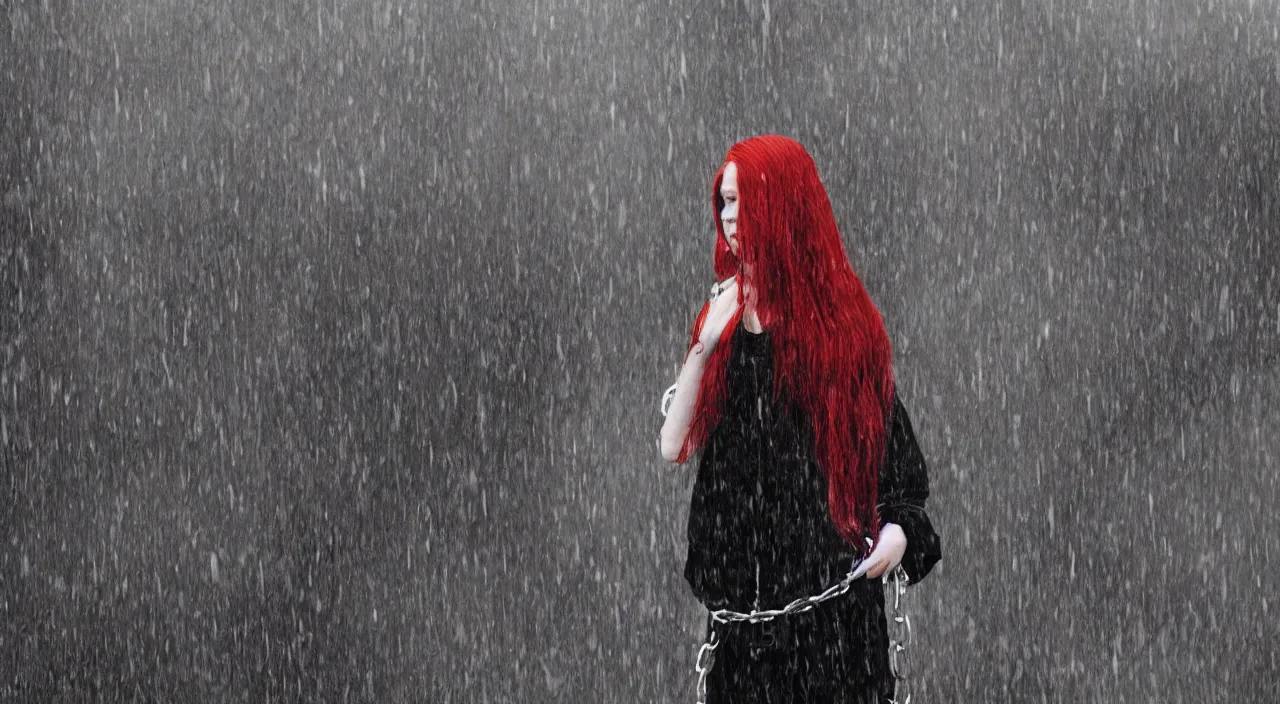 Image similar to a teenager with long red hair wearing baggy black clothes, leaning against a chain fence on a building rooftop, dark grey sky on a rainy day, hd, 8k resolution, grainy, trending on artstation, Drawing by Yoshitoshi Abe