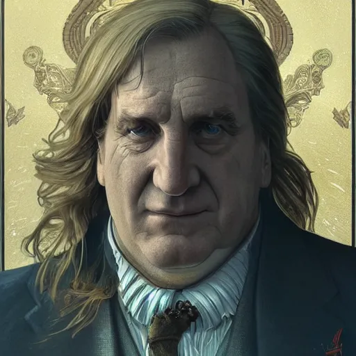 Image similar to [robot Depardieu as president of France! as GTA character, mystic hermit, closeup, D&D, intricate, elegant, highly detailed, digital painting, artstation, concept art, matte, sharp focus, illustration, art by Artgerm and Greg Rutkowski and Alphonse Mucha]