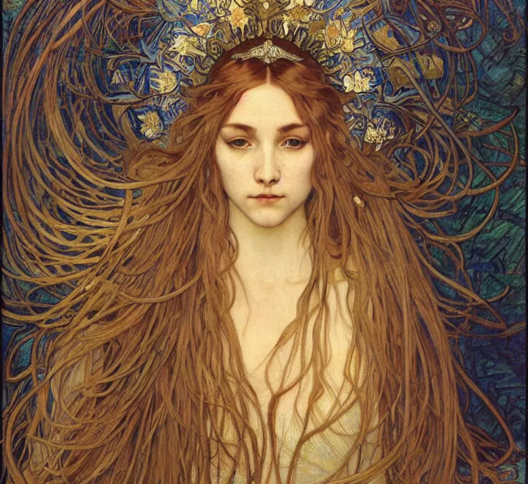 Image similar to detailed realistic beautiful young medieval queen face portrait by jean delville, alphonse mucha, vincent van gogh, and marco mazzoni, art nouveau, symbolist, visionary, gothic, pre - raphaelite