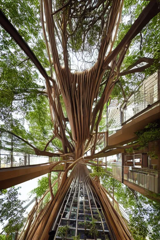 Image similar to urban atriums hyperdetailed hyperrealistic tree house, roots growing from bottom to ceiling, wooden modern decoration