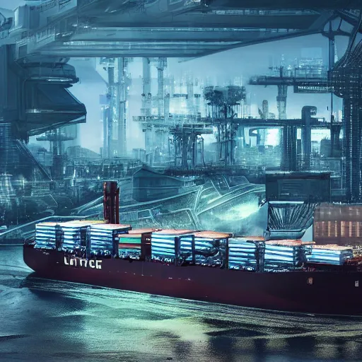 Prompt: photo of Immense industrial futuristic cargo ship arrives at cyber punk city sea port, cinematic lighting, photo