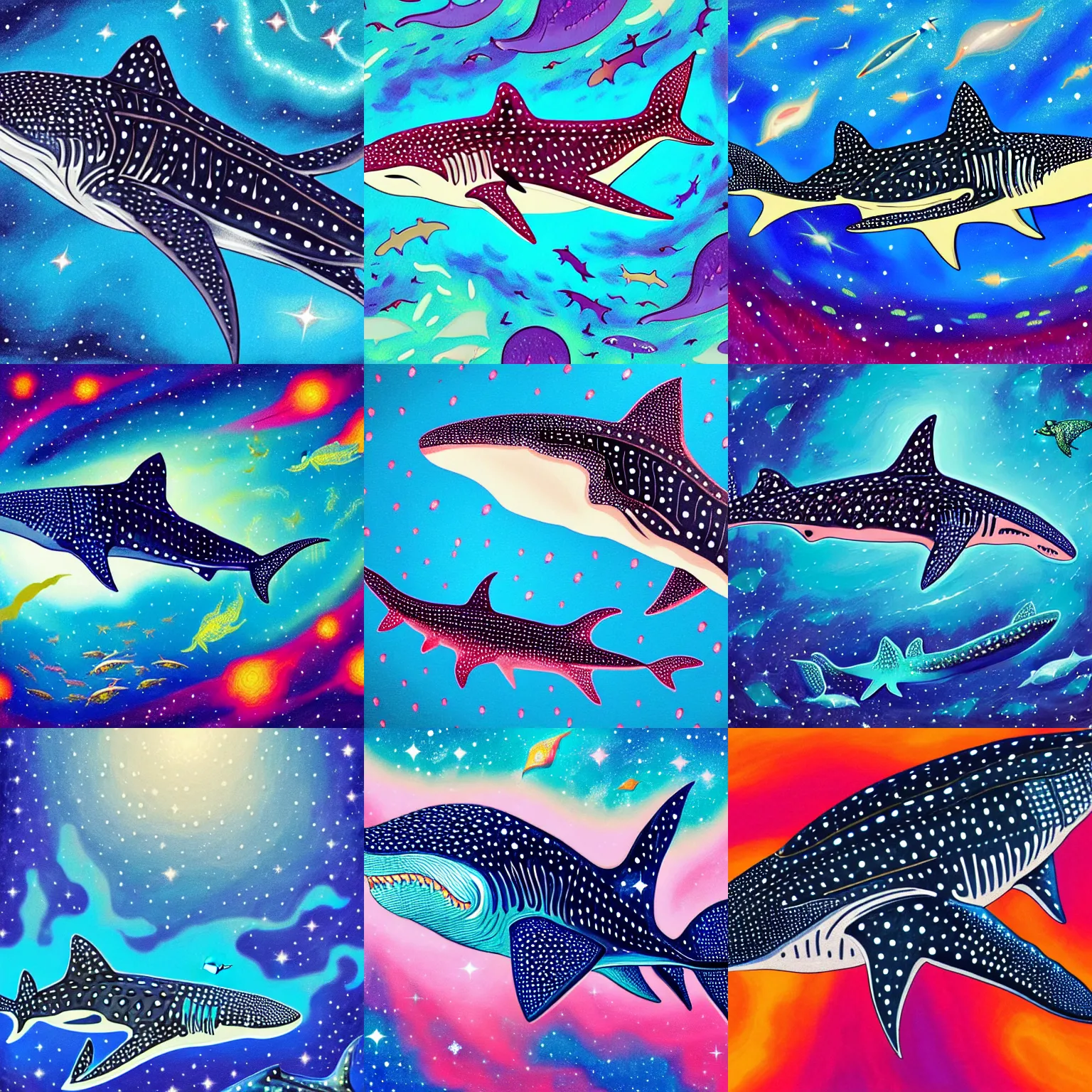 Prompt: finely detailed gouache painting of a whale shark, swirling luminous nebula background, elegant, ultra detailed, gouache illustration of whale shark foreground, colorful nebula background, sharp focus