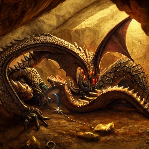 Prompt: a very old dragon asleep, in a cave, dark - lit with torches along the walls, with a massive amount of gold coins, treasures, gems, rubies, and a treasure chest, piled around, very high detail, 8 k, artstation