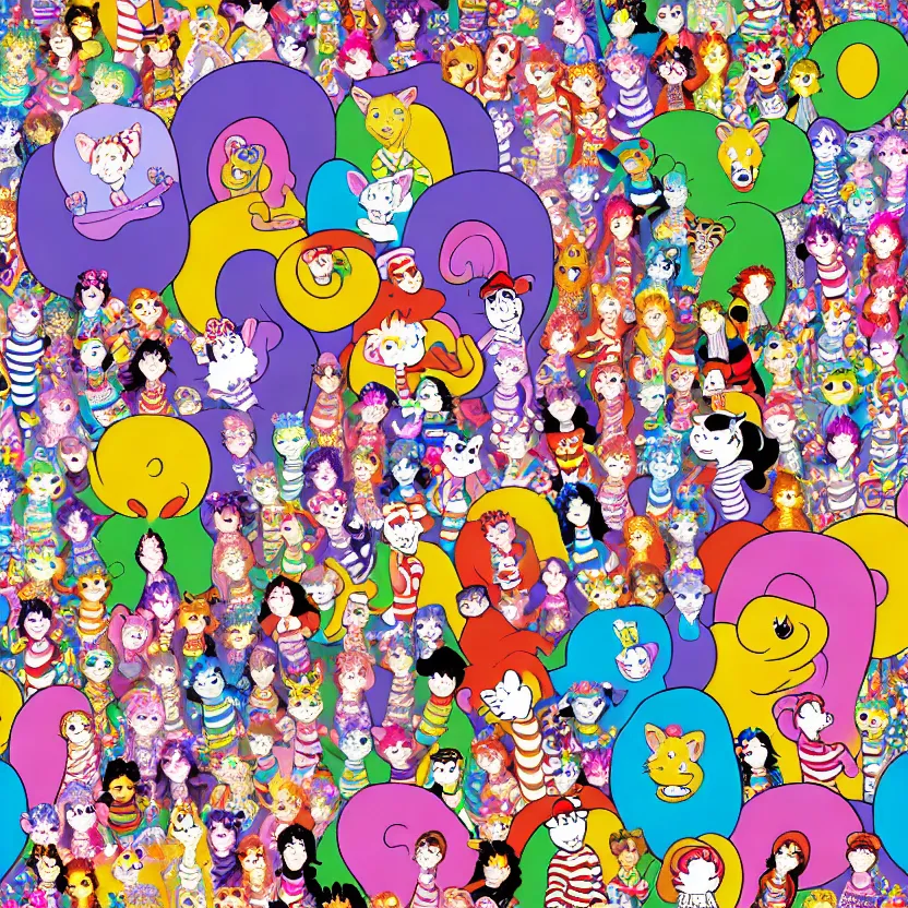 Image similar to wheres waldo, lisa frank style