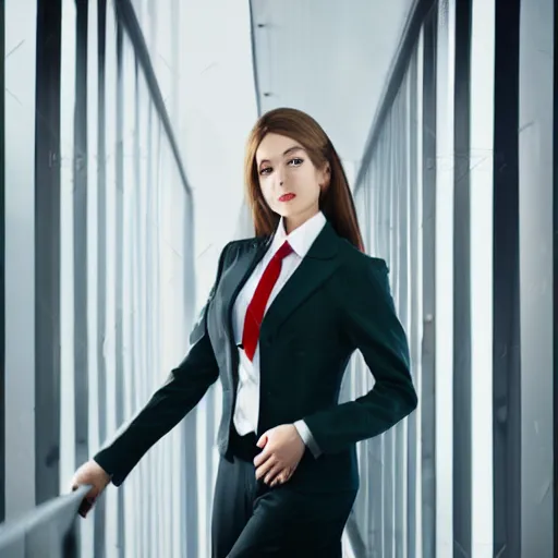 Image similar to a female elf dressed in business suit, cinematic photography