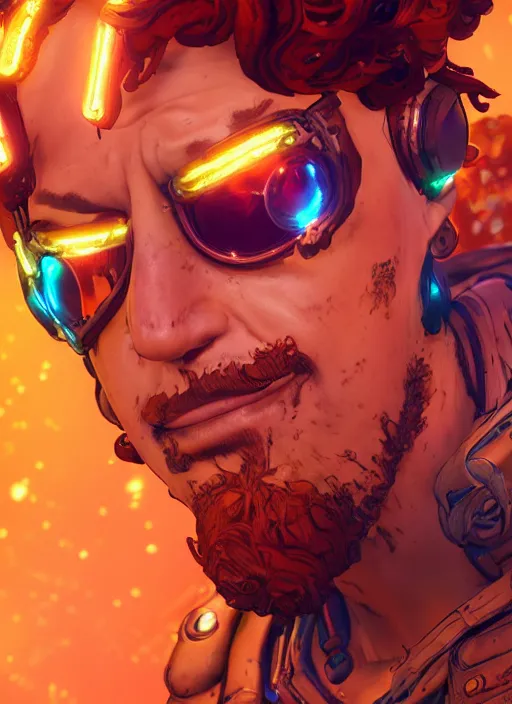 Image similar to glowwave portrait of curly orange hair man from borderlands 3, au naturel, hyper detailed, digital art, trending in artstation, cinematic lighting, studio quality, smooth render, unreal engine 5 rendered, octane rendered, art style by klimt and nixeu and ian sprigger and wlop and krenz cushart.