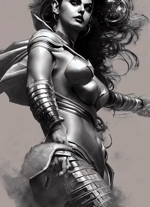 Prompt: portrait of janine gutierrez as darna wearing female battle armor looking for camera, pen and ink, glamorous majestic pose, highly detailed, desaturated colors, smooth, intricate line drawings, by craig mullins, wlop, greg rutkowski, loundraw, ruan jia, kentaro miura, john howe and allan lee,