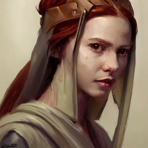 Image similar to portrait of a woman by greg rutkowski, jedi princess knight, straight redhead with two strands around her face, jedi robes, star wars expanded universe, she is about 2 0 years old, elegant, graceful, wearing jedi robes, highly detailed portrait, digital painting, artstation, concept art, smooth, sharp foccus ilustration, artstation hq