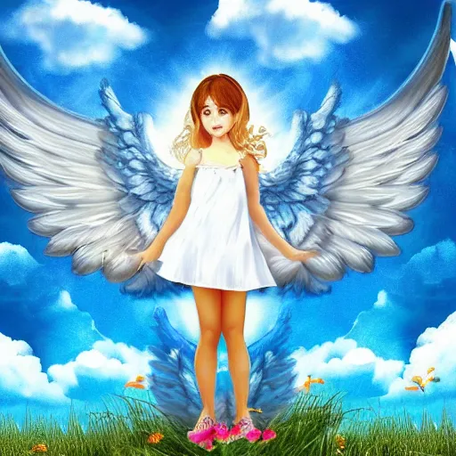 Image similar to bright blu sky. fluffy clouds. angels with big wings wake - up