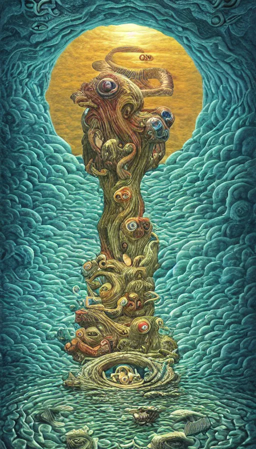 Image similar to man on boat crossing a body of water in hell with creatures in the water, sea of souls, by naoto hattori