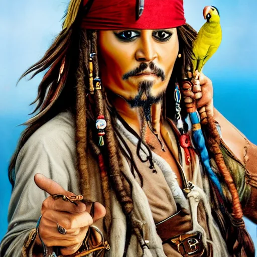 Image similar to jack sparrow with a parrot on the shoulder, portrait, professional photograph, 8k resolution, hyper detailed, realistic eyes