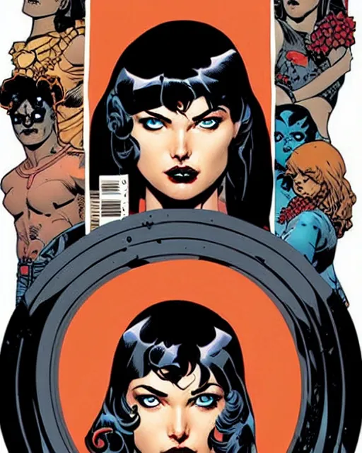 Image similar to mike mignola and sandra chevrier comic cover art, full body cute young lady, symmetrical eyes, bangs, rim lighting, vivid colors