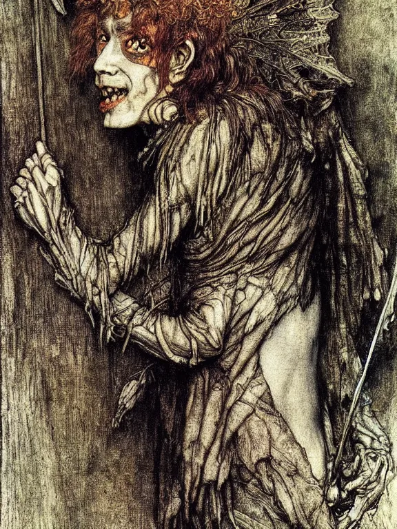 Image similar to Evil goblin. Extremely high detail, details, realistic, masterpiece, colorful. Portrait painting by Arthur Rackham, Muzinabu, Johann Tischbein, Eugene de Blaas, Frederic Leighton, Harry Clarke