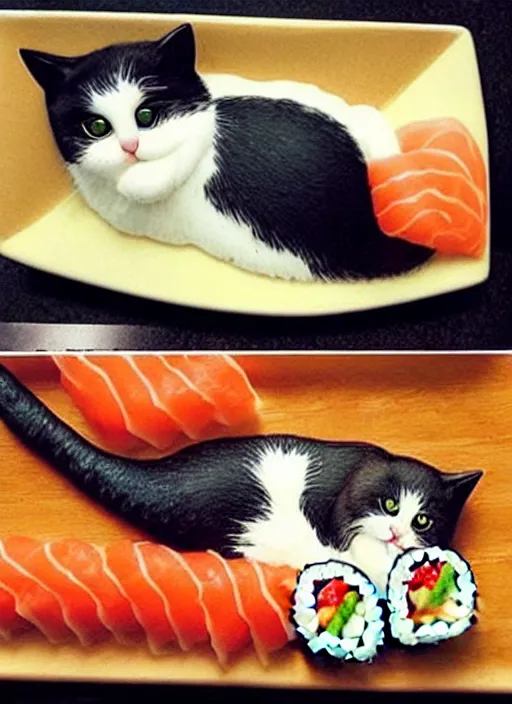 Image similar to clear photorealistic picture of adorable cats made out of sushi