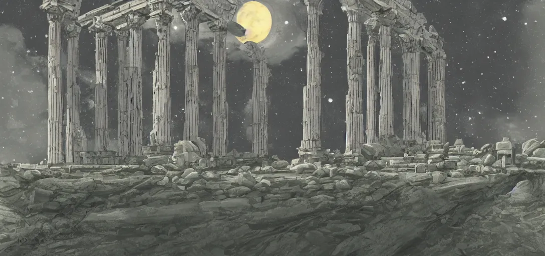 Image similar to The ruins of the Silver Millennium on the moon from Sailor Moon, digital painting, Earth in the distance, Greek-esque columns and ruins