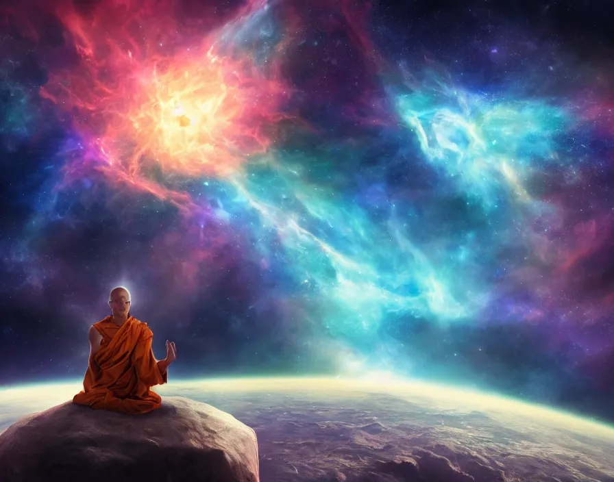 Prompt: energized meditating half visible monk in space, nebula, stars, realistic, beautiful texture, beautiful graphics, fantasy artwork, very beautiful scenery, hd, hdr, ue 5, ue 6, unreal engine 5, cinematic 4 k wallpaper, 8 k, ultra detailed