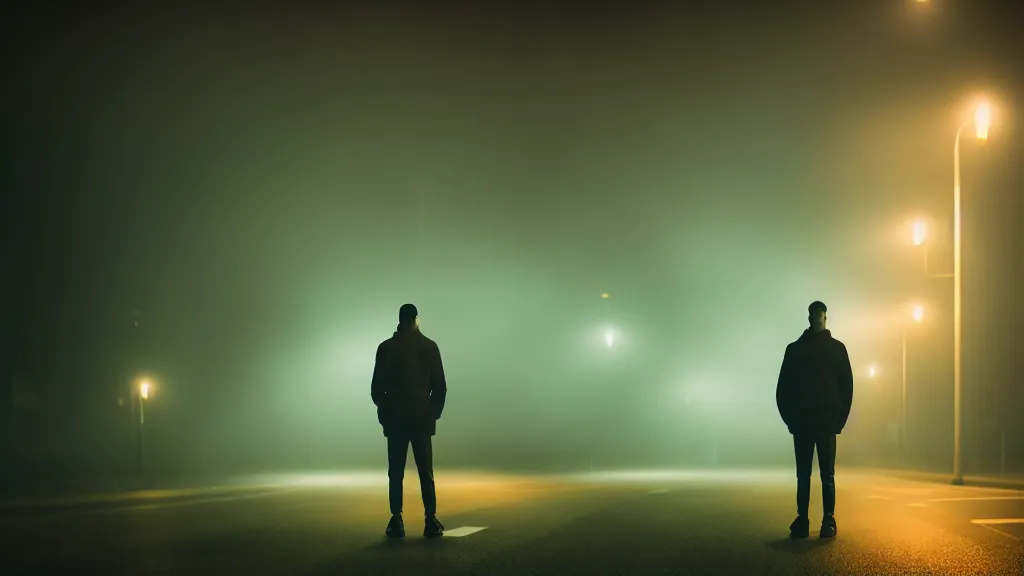 Prompt: full face portrait a man is standing on the street under the lights, fog, volumetric lighting, mystique, atmospheric, sharp focus, ultra detailed, noir art house, 4 k, cinematic, 3 5 mm