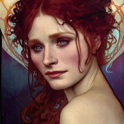 Prompt: realistic detailed face portrait of Bryce Dallas Howard by Alphonse Mucha, Ayami Kojima, Amano, Charlie Bowater, Karol Bak, Greg Hildebrandt, Jean Delville, and Mark Brooks, Art Nouveau, Neo-Gothic, gothic, rich deep moody colors