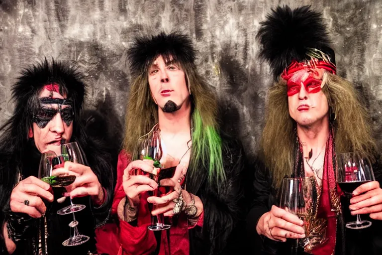 Image similar to glam rockers drinking brutal and raw wine, inside a green room with red lights in renaissance style