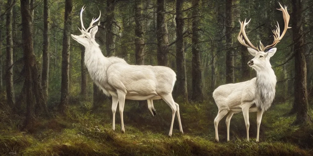 Prompt: an oil painting of the king of the forest: a white stag, beautiful, fantasy, hyper realistic, dramatic lighting, 8k,