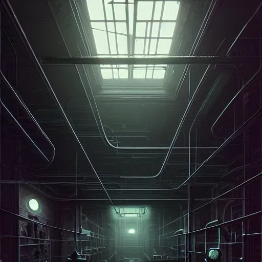 Image similar to professional ominous concept art architecture of a black metalic room with cables hanging from the ceiling by artgerm and greg rutkowski. an intricate, elegant, highly detailed digital painting, concept art, smooth, sharp focus, illustration, in the style of simon stalenhag, wayne barlowe, and igor kieryluk. ( low camera angle )